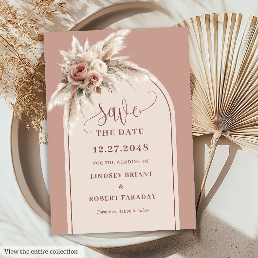 Modern Dusty Pink Pampas Grass Save the Date Card Einladung