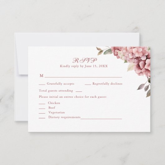 Modern Dusty Rose Hydrangea Wedding RSVP Card Dankeskarte (Vorderseite)