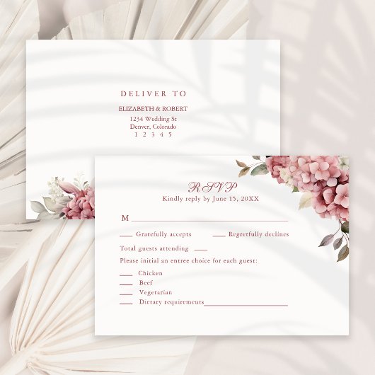 Modern Dusty Rose Hydrangea Wedding RSVP Card Dankeskarte