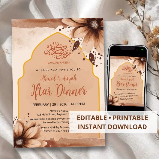 Modern Earth Tone Floral Arched Iftar Invitation Einladung