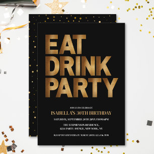 Modern Eat Drink Party Black & Gold Geburtstagspar Einladung