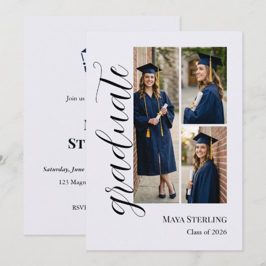 Modern Editorial Script Multi-Photo Graduation  Einladung (Vorne/Hinten)