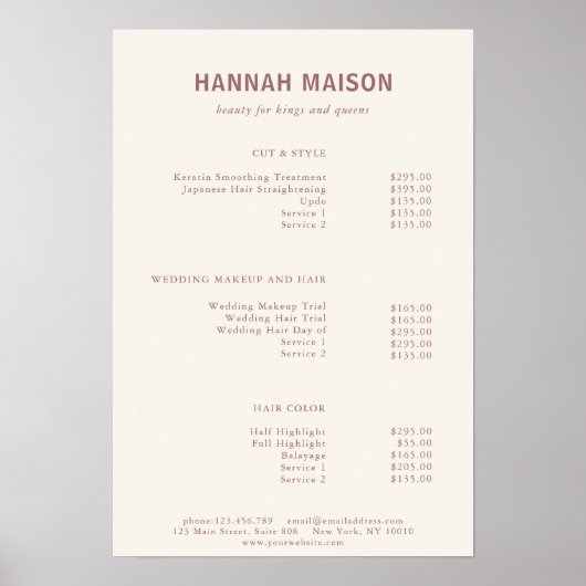 Modern, einfach, Beruflich, Salon, Preisliste Poster (Vorne)