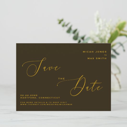 Modern, einfach Save the Date braun & goldgelb Einladung (Stehend Vorderseite)
