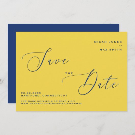 Modern einfach Save the Date gelb & blau Einladung (Vorne/Hinten)
