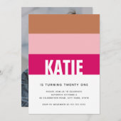 Modern Einfache Streifen Pink Tan Foto 21. Geburts Einladung (Vorne/Hinten)