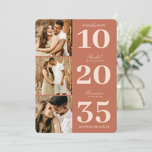 Modern Einfache Terracotta Date Drei Foto Hochzeit Save The Date (Stehend Vorderseite)