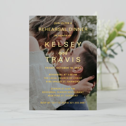 Modern Einfaches Lässiges Foto Probe Dinner Gold Folieneinladung (Stehend vorne)