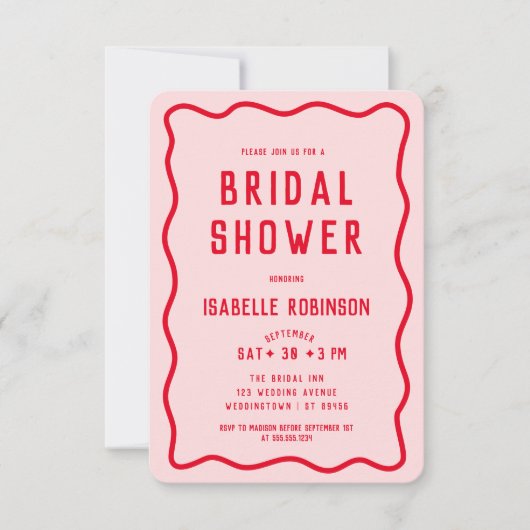 Modern einfaches rosa Rotes Squiggle Wavy Brautpar Einladung (Vorderseite)