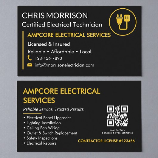 Modern Electrician Contractor QR Code Black Yellow Visitenkarte