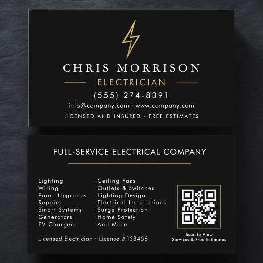 Modern Electrician QR Code Black Gold Minimal Visitenkarte