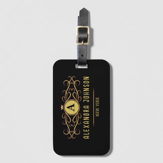 Modern Elegance  minimal black Gold monogram Gepäckanhänger (Vorderseite Vertikal)
