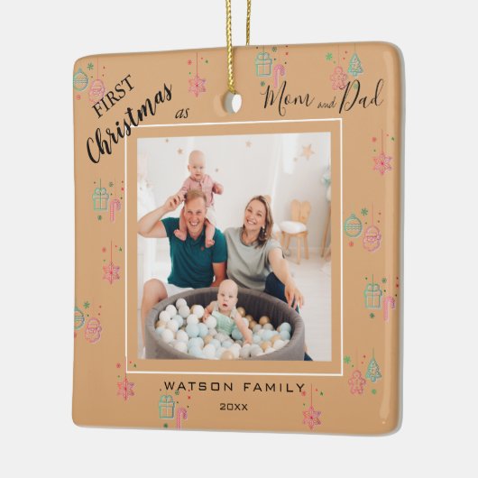 Modern elegant 2 Foto Collage Erster Weihnachtsfei Keramikornament (Links)