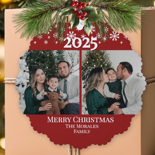 Modern Elegant 2 Photo Red Keepsake Family Ornament Karte