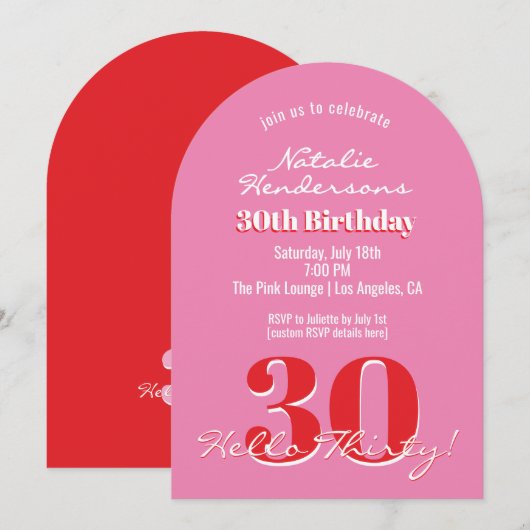 Modern Elegant 30th Birthday Pink Red Minimalist  Einladung (Vorne/Hinten)