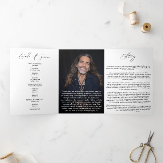 Modern Elegant 7 Photo Trifold Funeral Program Dreifach-gefaltete Programmkarte (Innenseite)