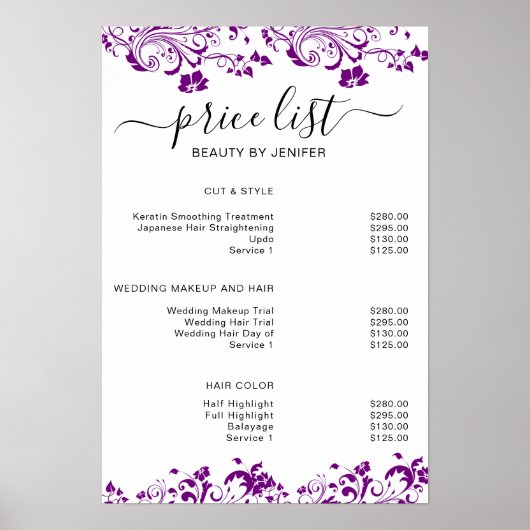 Modern Elegant Beauty Salon Preisliste Poster (Vorne)