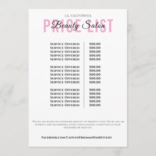 Modern Elegant Beauty Salon Price List Menükarte (Vorderseite)