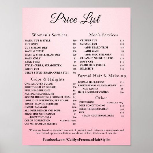 Modern Elegant Beauty Salon Price List Poster (Vorne)