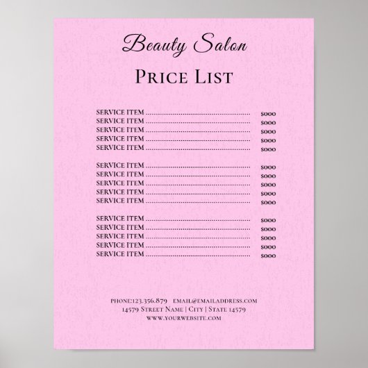 Modern Elegant Beauty Salon Price List Poster (Vorne)