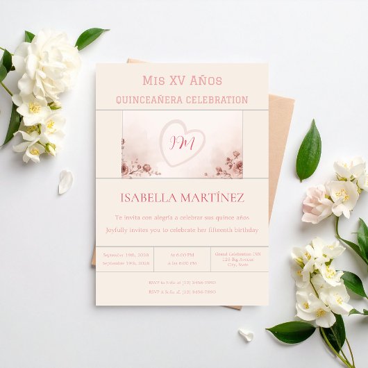 Modern Elegant Bilingual Quinceanera Birthday Einladung