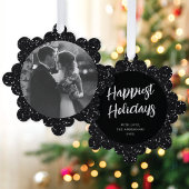 Modern Elegant Black Glitter Photo Christmas Ornament Karte