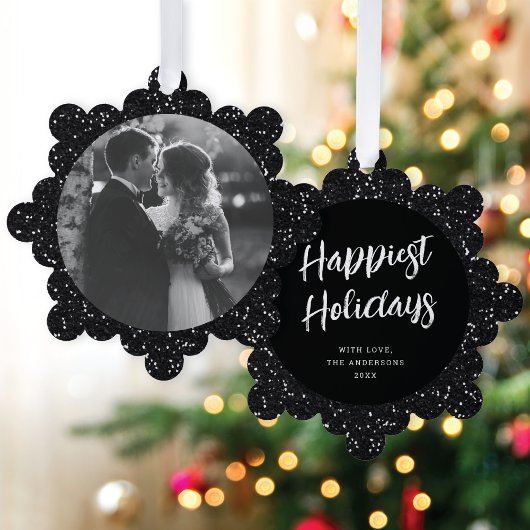Modern Elegant Black Glitter Photo Christmas Ornament Karte