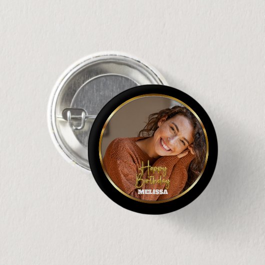 Modern Elegant Black & Gold Photo Name Birthday Button (Vorne & Hinten)