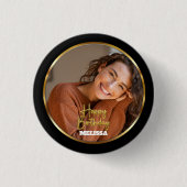 Modern Elegant Black & Gold Photo Name Birthday Button (Vorderseite)