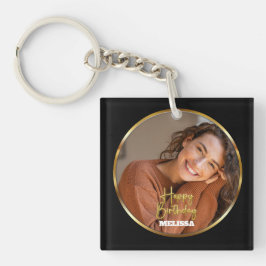 Modern Elegant Black & Gold Photo Name Birthday Schlüsselanhänger