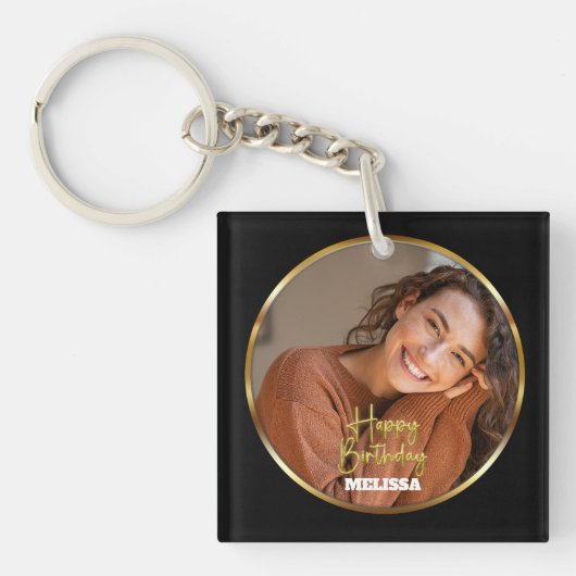 Modern Elegant Black & Gold Photo Name Birthday Schlüsselanhänger (Vorderseite)