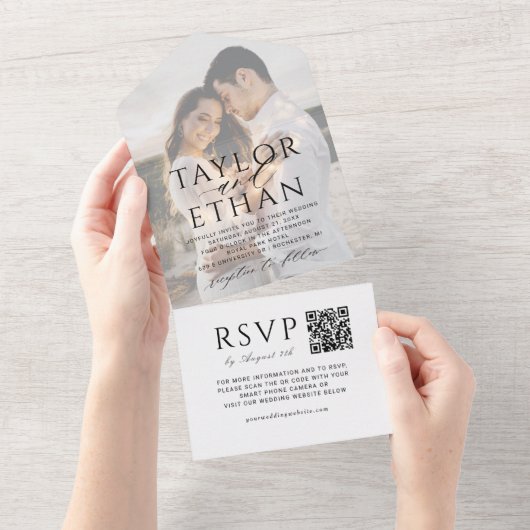 Modern Elegant Black Wedding Photo QR Code All In One Einladung (Abreißen)