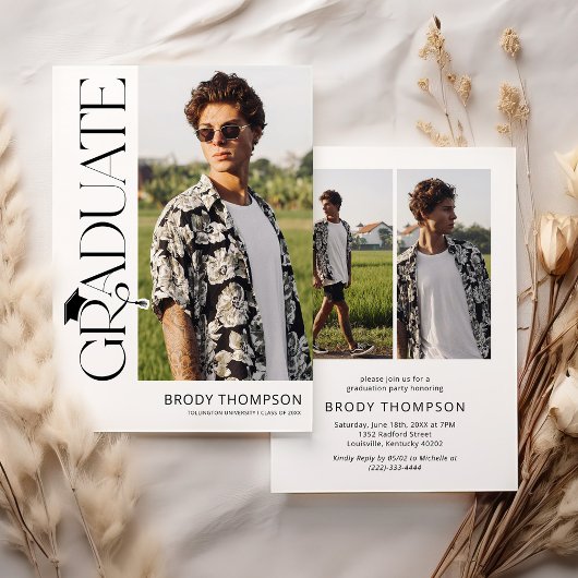 Modern Elegant Black & White 3 Photo Graduation Einladung