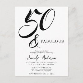 Modern Elegant Black White Fifty Fabulous Birthday Einladungspostkarte