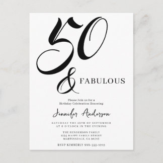 Modern Elegant Black White Fifty Fabulous Birthday Einladungspostkarte