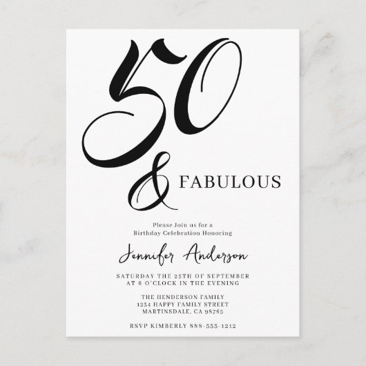 Modern Elegant Black White Fifty Fabulous Birthday Einladungspostkarte (Vorderseite)