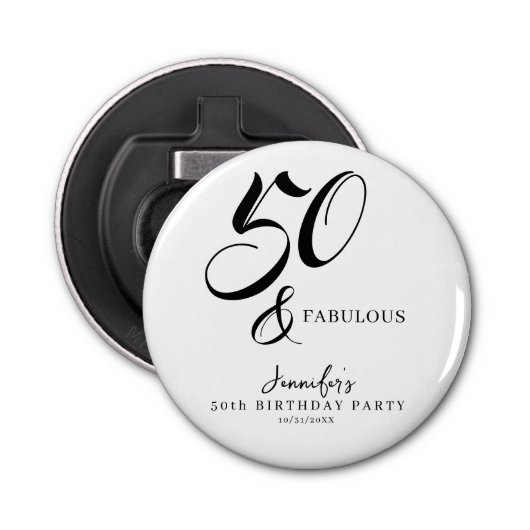 Modern Elegant Black White Fifty Fabulous Birthday Flaschenöffner (Vorderseite)
