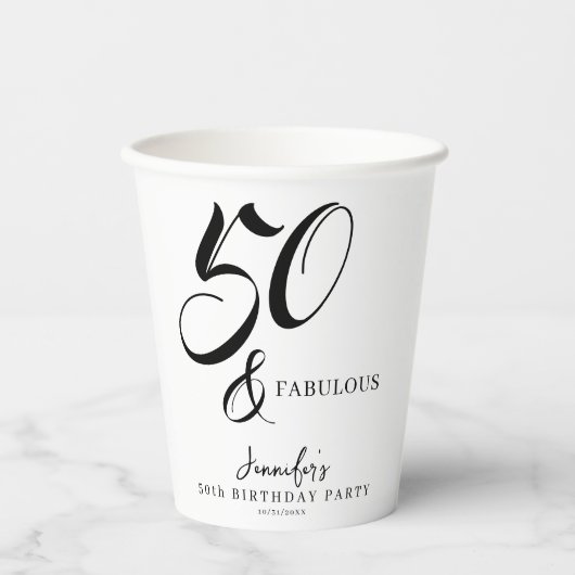 Modern Elegant Black White Fifty Fabulous Birthday Pappbecher (Vorderseite)