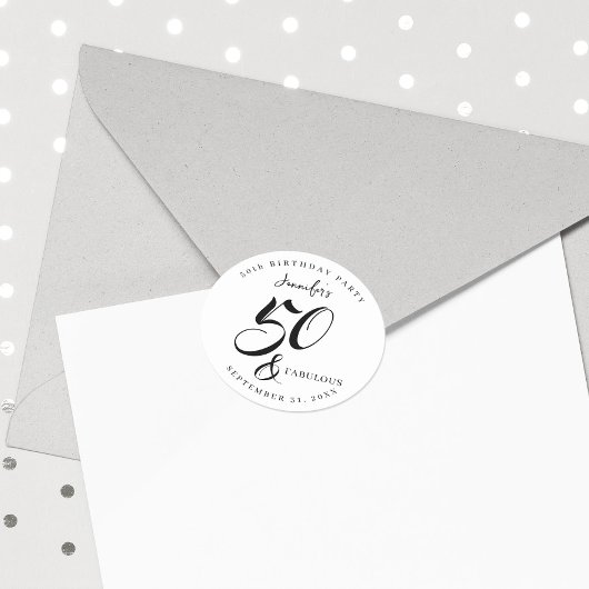 Modern Elegant Black White Fifty Fabulous Birthday Runder Aufkleber