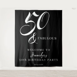 Modern Elegant Black White Fifty Fabulous Birthday Wandteppich