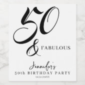 Modern Elegant Black White Fifty Fabulous Birthday Weinetikett (Einzelnes Label)