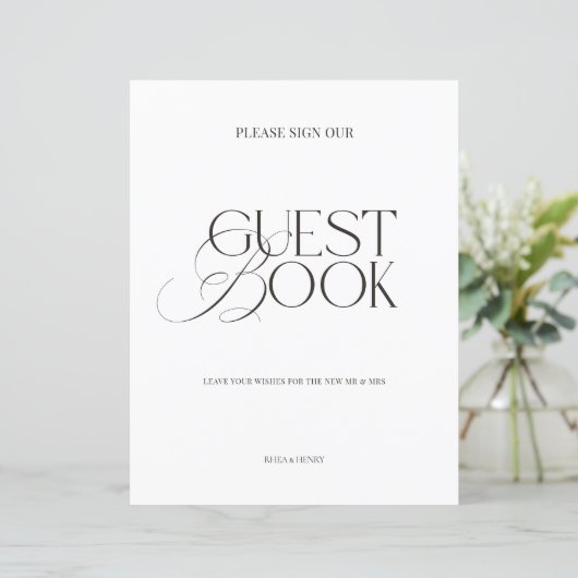 Modern Elegant Black & White Guest Book Sign (Stehend Vorderseite)