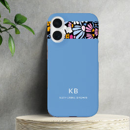Modern Elegant Blue Black Floral Pattern  iPhone 16 Hülle