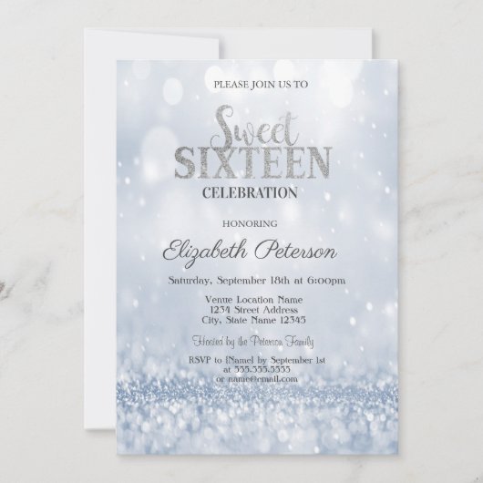Modern Elegant Blue Glitzer Bokeh Sweet 16 Einladung (Vorderseite)