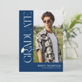 Modern Elegant Blue & White 3 Photo Graduation Einladung (Stehend Vorderseite)