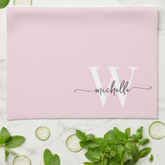 Modern Elegant Blush Pink Monogram Name Script Geschirrtuch (Gefaltet)