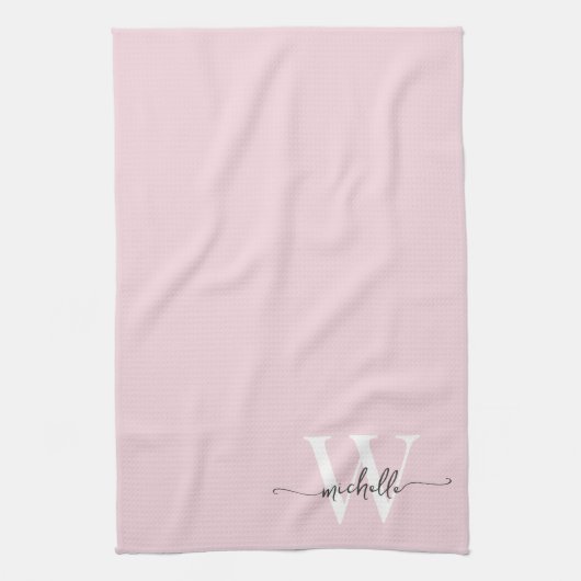 Modern Elegant Blush Pink Monogram Name Script Geschirrtuch (Vertikal)