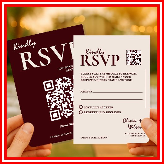 Modern Elegant Burgundy Wedding QR CODE RSVP Begleitkarte