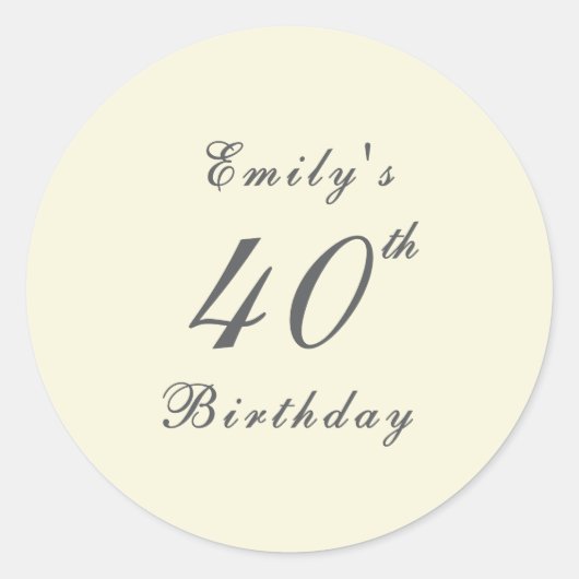 Modern Elegant Cream 40th Birthday Party Runder Aufkleber (Vorderseite)