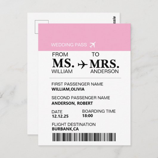 Modern Elegant Custom Bride To Be Boarding Pass Postkarte (Vorne/Hinten)